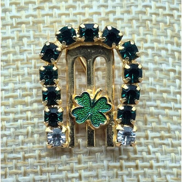 Gold Tone Lucky Tiny Horseshoe Clover Brooch Lapel Pin Green Rhinestones Enamel - Picture 5 of 7